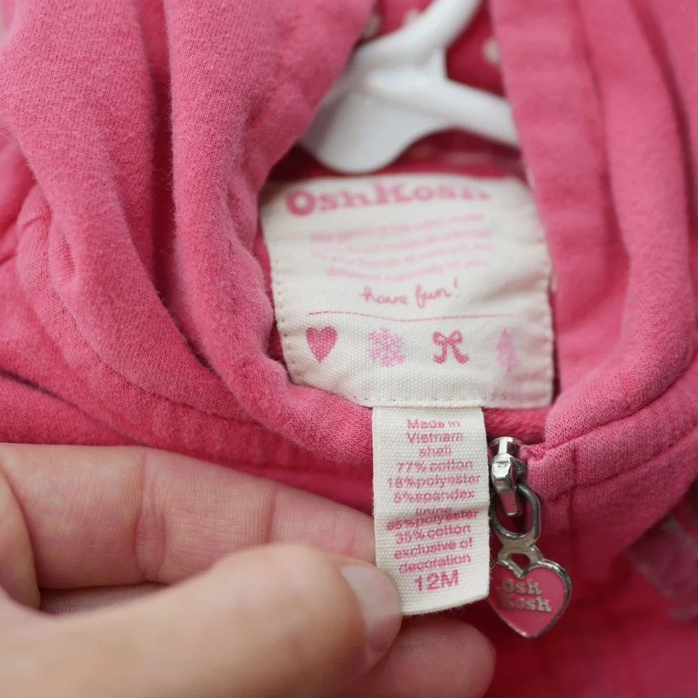 OshKosh Bgosh Baby Girls Pink Full Zip Hoodie Sweatshirt Logo Embroidered 12M